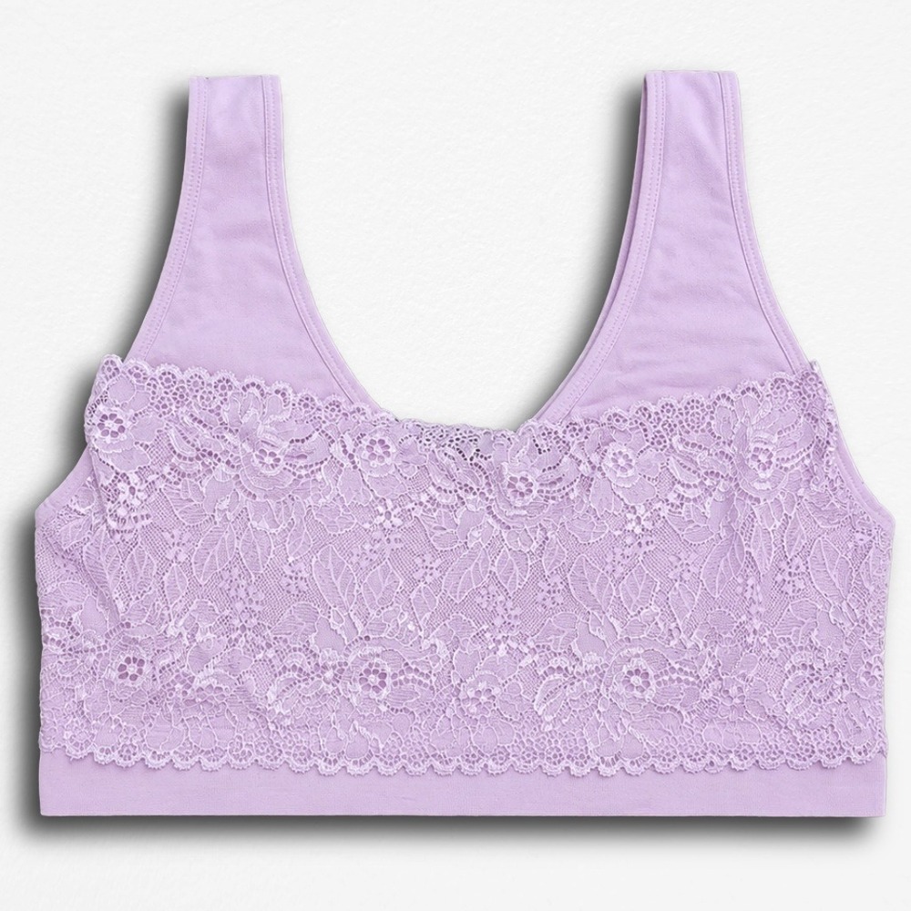 Unbranded Pink Floral Lace‎ Overlay Bralette Scoop Neck Stretch Knit Purple